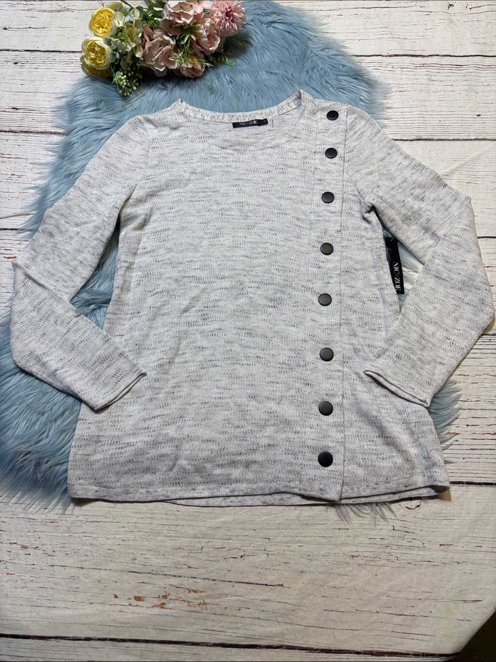 NWT NIC+ZOE melange Asymmetrical Snap Knit Moondust Heather Sweater sz S